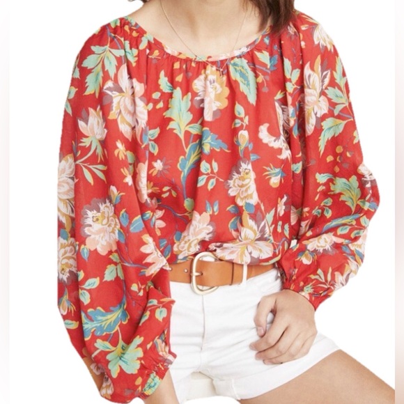 Maeve by Anthropologie Red Floral Peasant Blouse - Women's Top retro Sz L - Picture 11 of 13